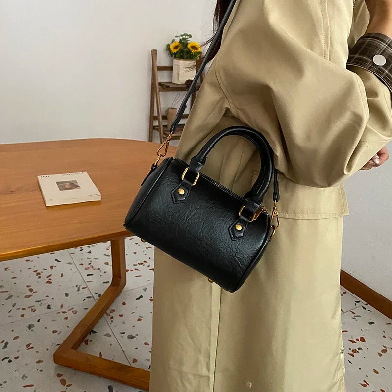 Retro PU Leather Boston Tote Bag for Women – Compact Luxury Shoulder & Crossbody Bag