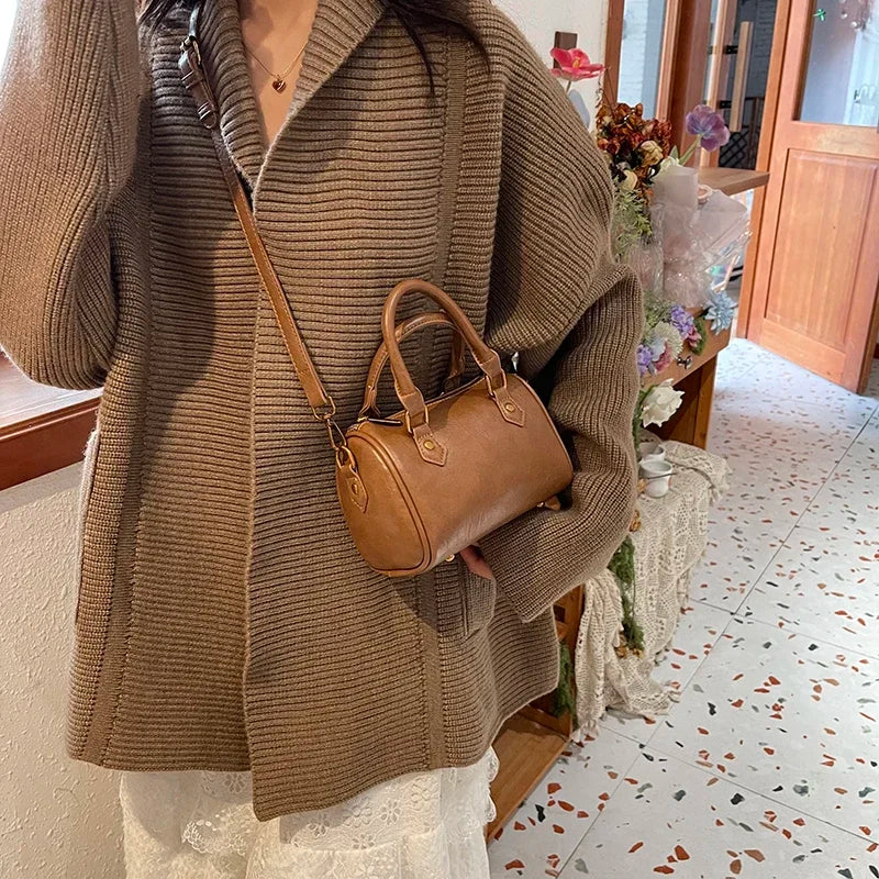 Retro PU Leather Boston Tote Bag for Women – Compact Luxury Shoulder & Crossbody Bag