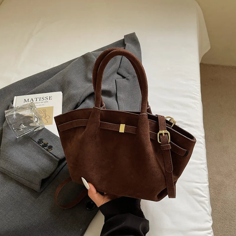 Matte Suede Leather Tote Bag for Women – Large Capacity Retro Shoulder & Crossbody Handbag