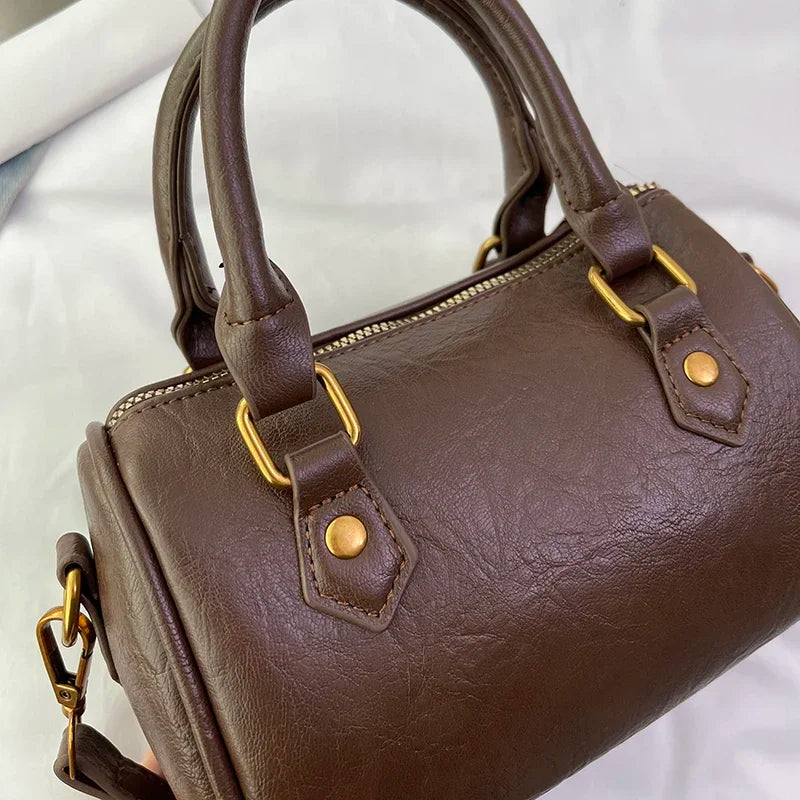 Retro PU Leather Boston Tote Bag for Women – Compact Luxury Shoulder & Crossbody Bag