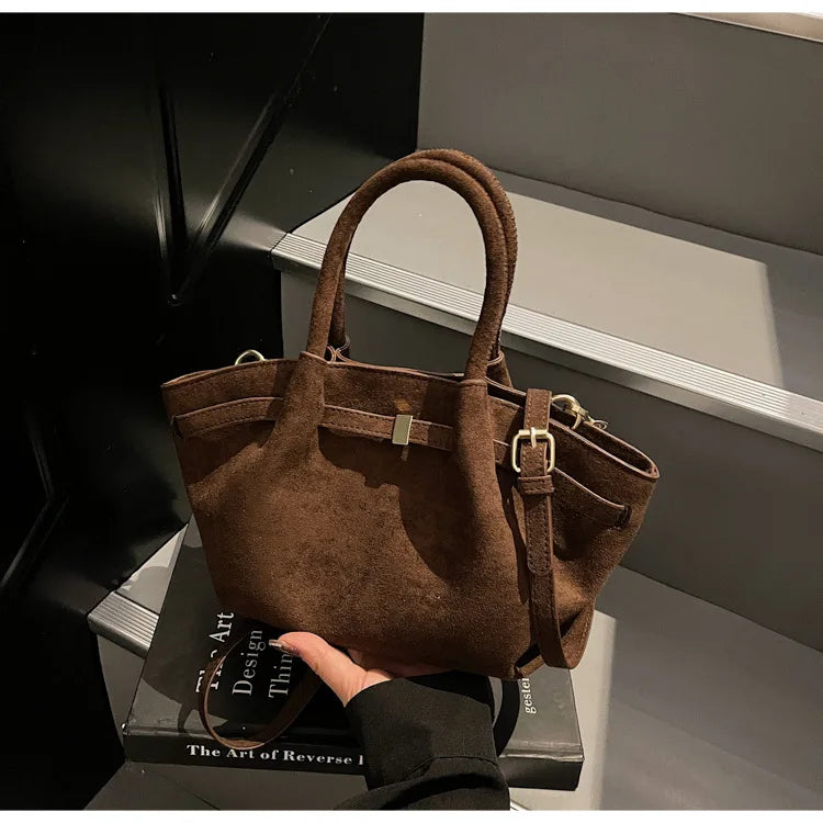 Matte Suede Leather Tote Bag for Women – Large Capacity Retro Shoulder & Crossbody Handbag