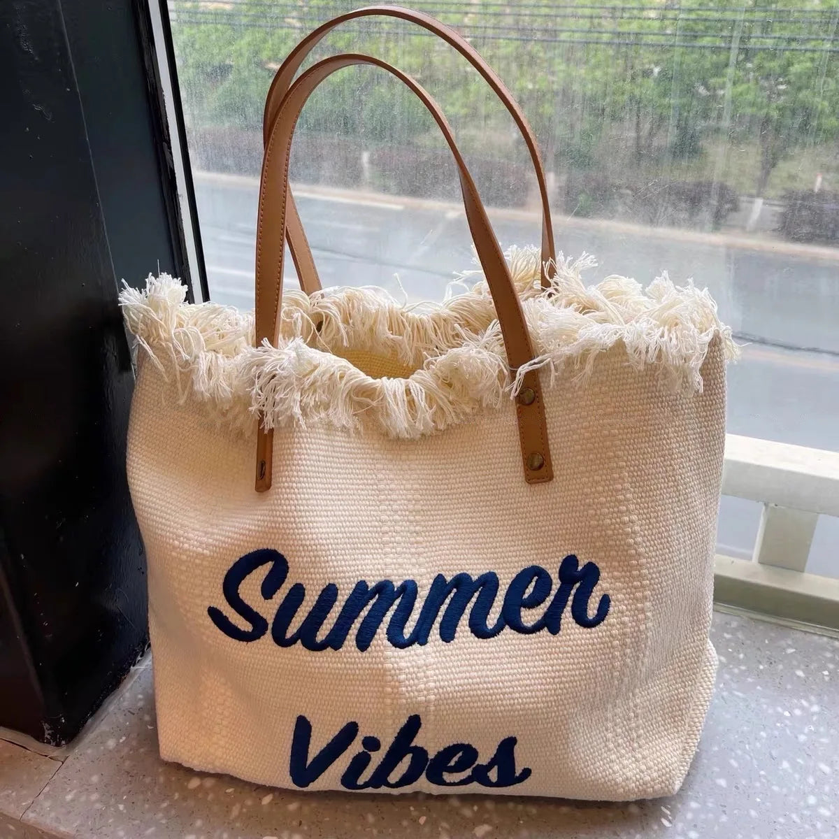 Summer Vibes Beach Tote Bag – Large Tassel Shoulder Bag