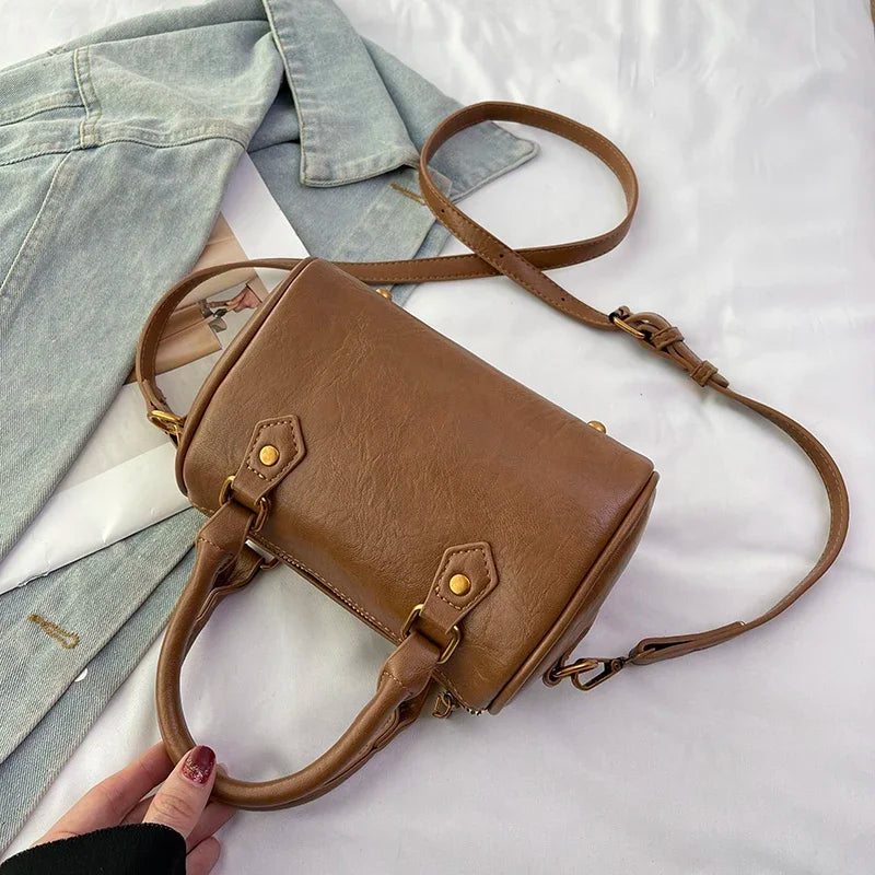 Retro PU Leather Boston Tote Bag for Women – Compact Luxury Shoulder & Crossbody Bag