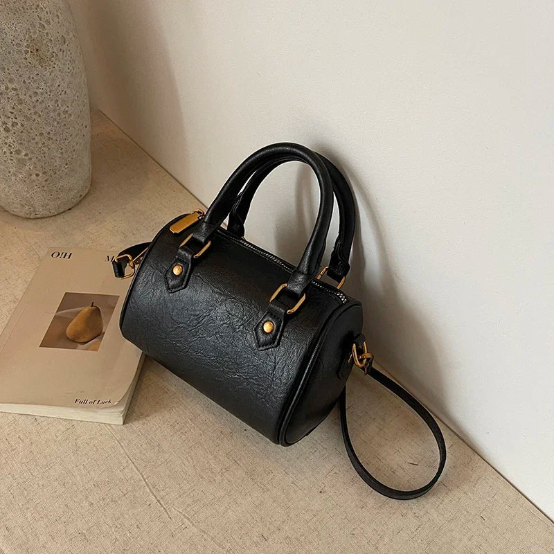 Retro PU Leather Boston Tote Bag for Women – Compact Luxury Shoulder & Crossbody Bag