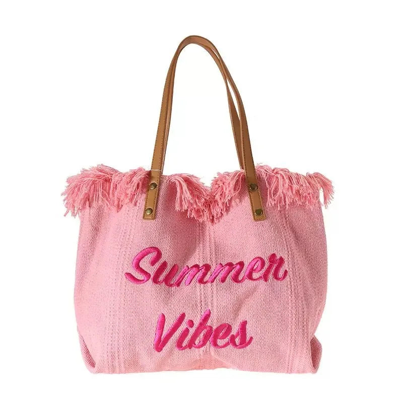 Summer Vibes Beach Tote Bag – Large Tassel Shoulder Bag