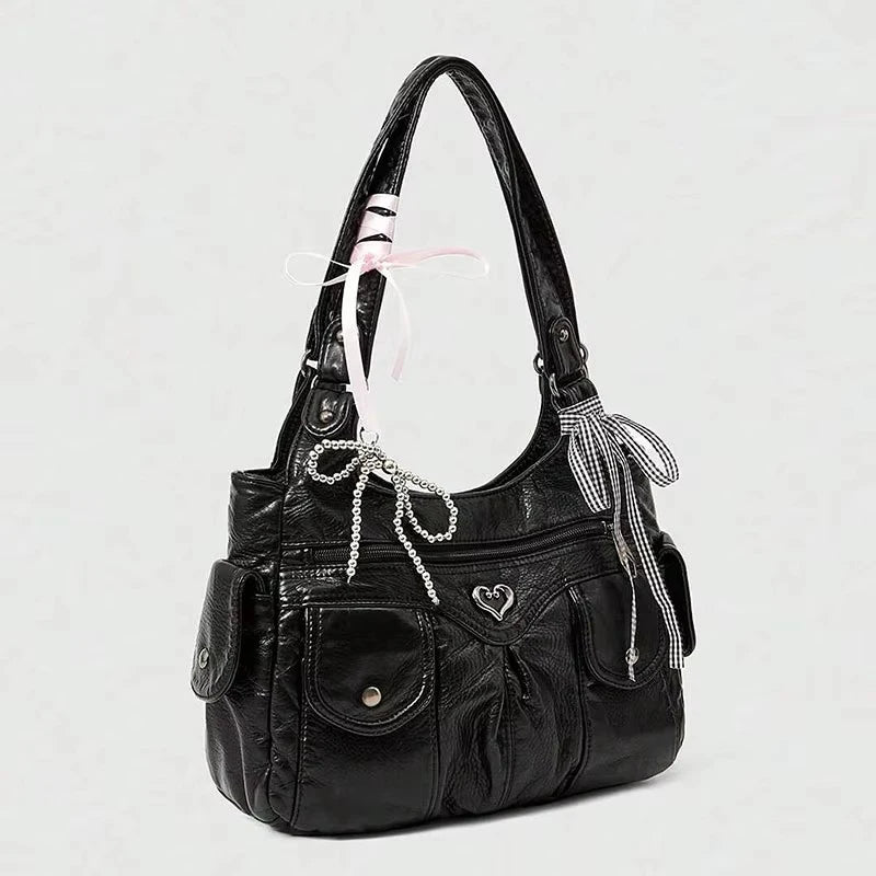 Fashionable Women's Shoulder Handbag with Bow Pendant – Large Capacity Casual Armpit Bag for Work & Shopping