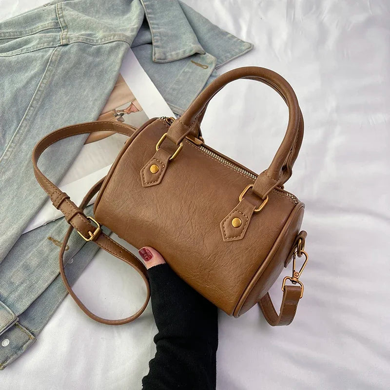 Retro PU Leather Boston Tote Bag for Women – Compact Luxury Shoulder & Crossbody Bag