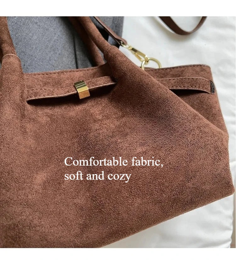 Matte Suede Leather Tote Bag for Women – Large Capacity Retro Shoulder & Crossbody Handbag