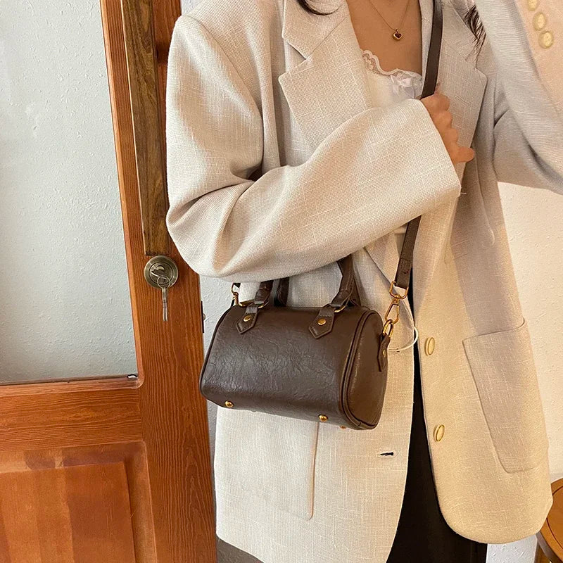 Retro PU Leather Boston Tote Bag for Women – Compact Luxury Shoulder & Crossbody Bag