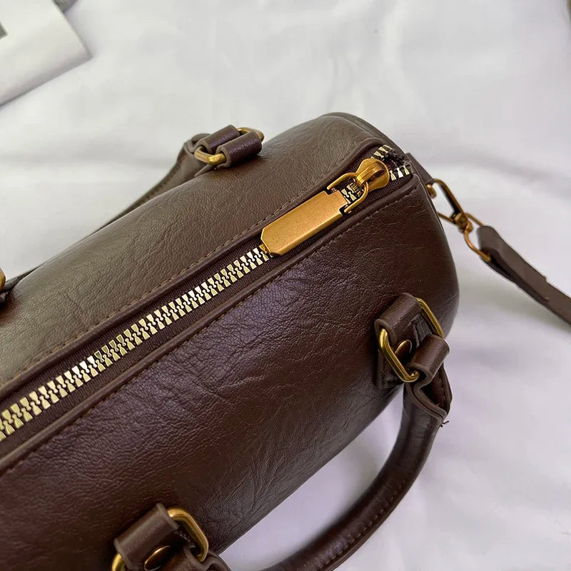 Retro PU Leather Boston Tote Bag for Women – Compact Luxury Shoulder & Crossbody Bag