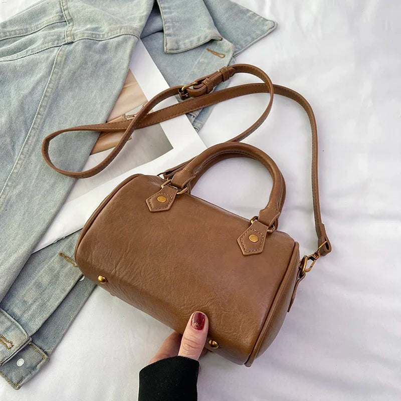 Retro PU Leather Boston Tote Bag for Women – Compact Luxury Shoulder & Crossbody Bag
