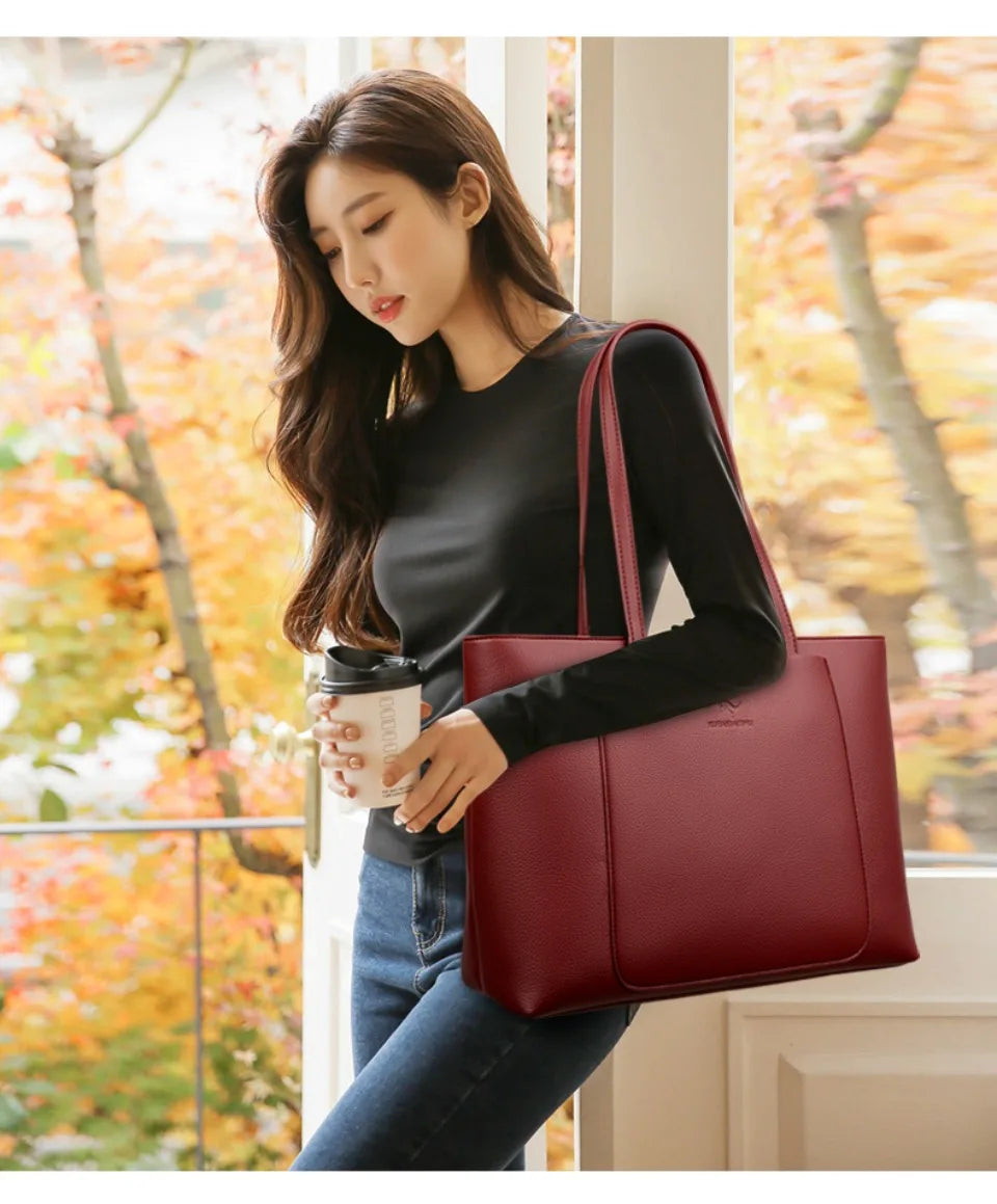 Large Capacity PU Leather Tote Bag for Women – Minimalist Shoulder Handbag for Work & Daily Commute