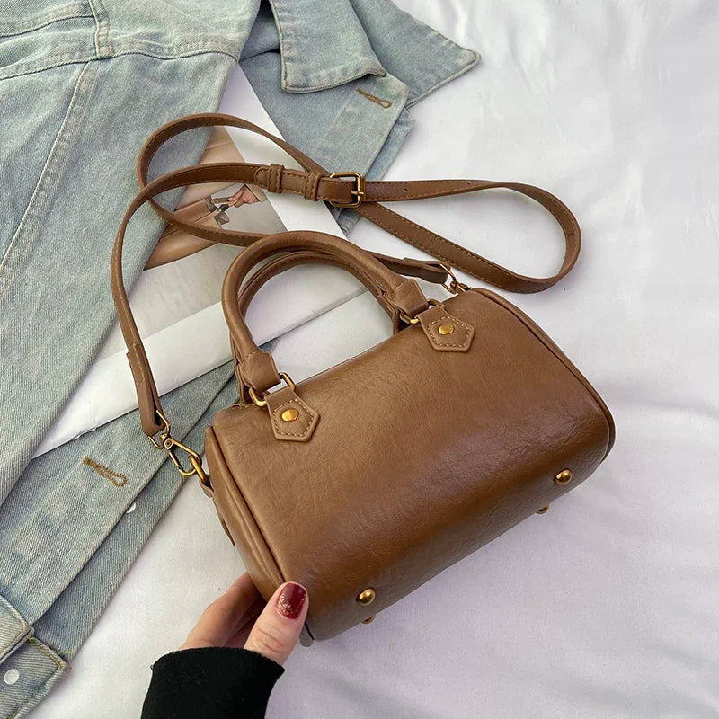 Retro PU Leather Boston Tote Bag for Women – Compact Luxury Shoulder & Crossbody Bag