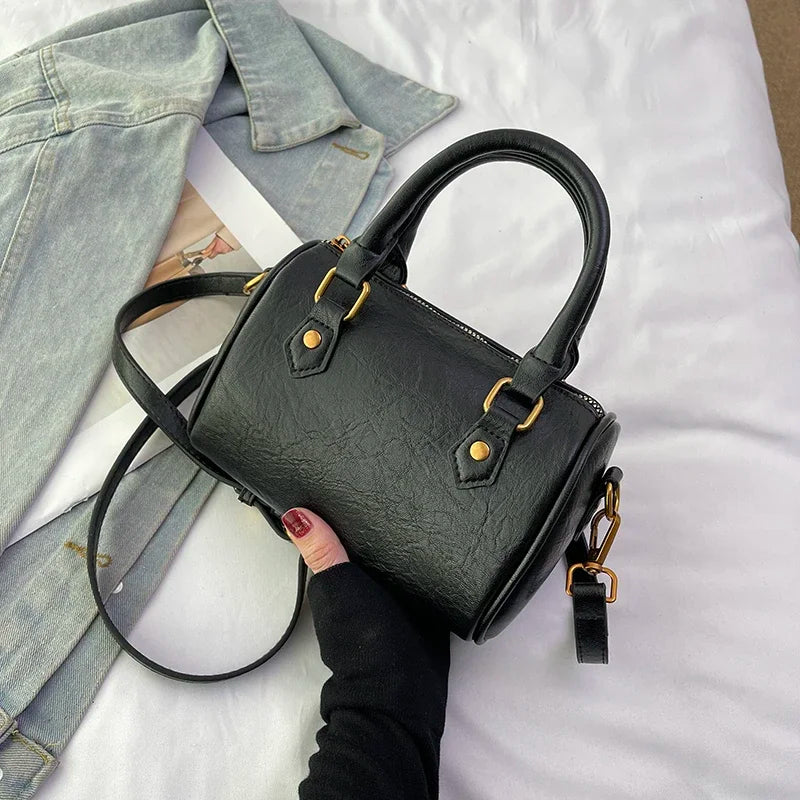Retro PU Leather Boston Tote Bag for Women – Compact Luxury Shoulder & Crossbody Bag
