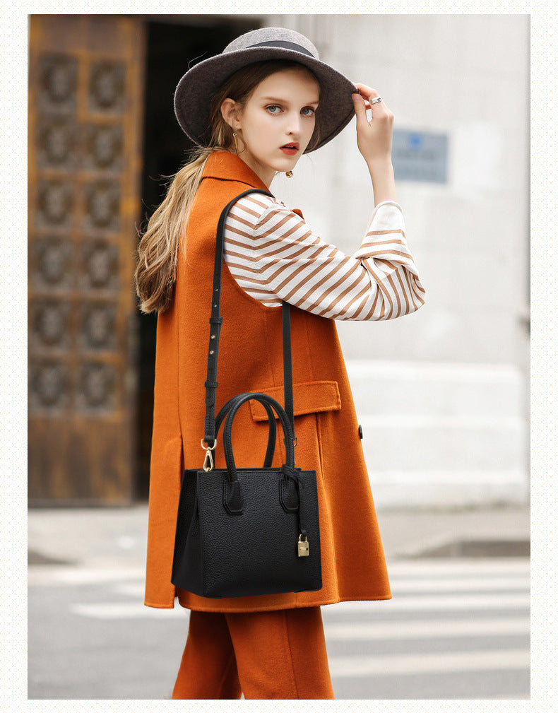 Genuine Leather Tote & Crossbody Handbag with Lock Closure