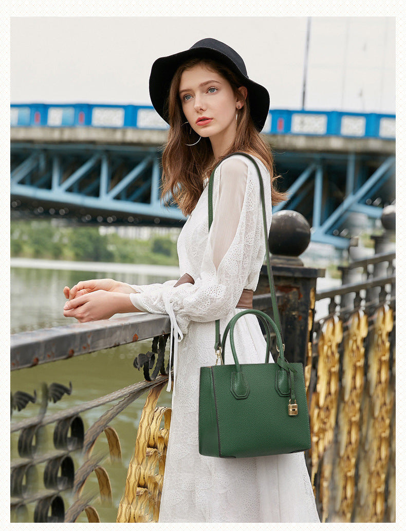 Genuine Leather Tote & Crossbody Handbag with Lock Closure